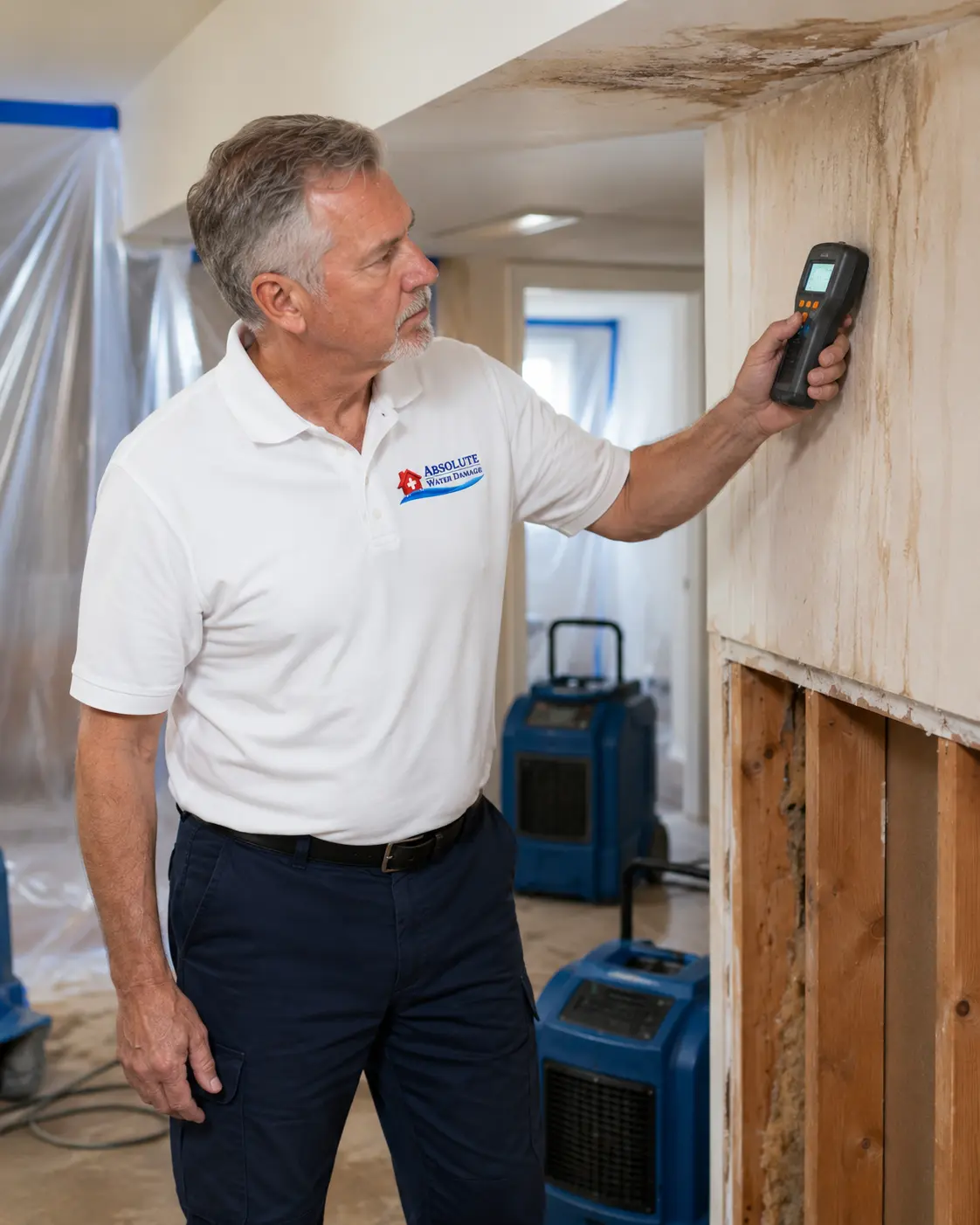 Mold staining on a wall and ceiling being scanned with a meter