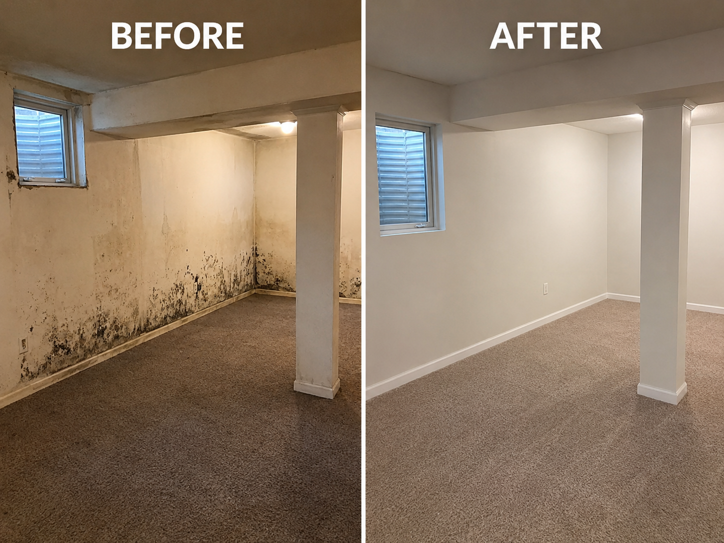 Before and after comparison of a mold damaged basement remediated by Absolute Water Damage