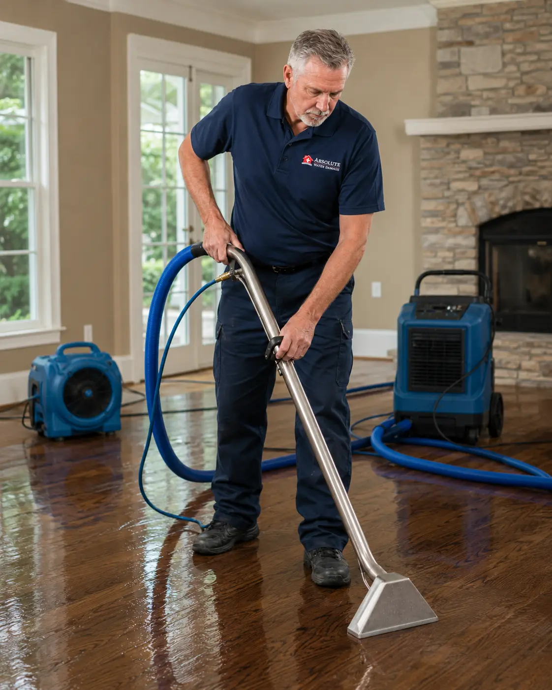 Ray extracting standing water from hardwood floors in a Puget Sound living room