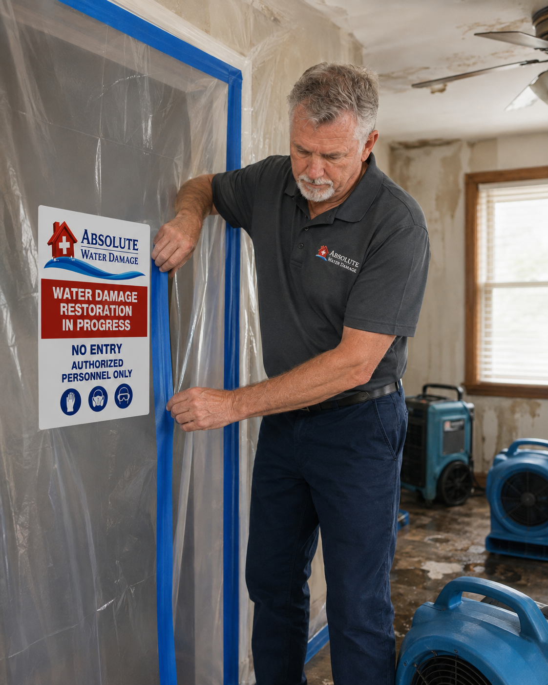 Technician securing a microbial hazard containment barrier with blue tape
