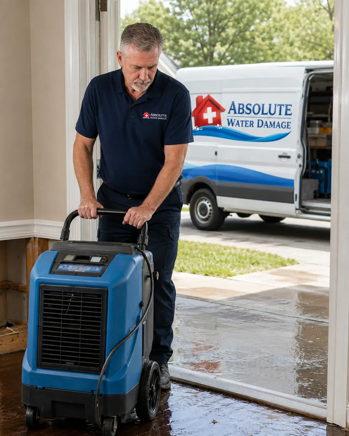 Ray rolling a dehumidifier through a doorway with the company van outside