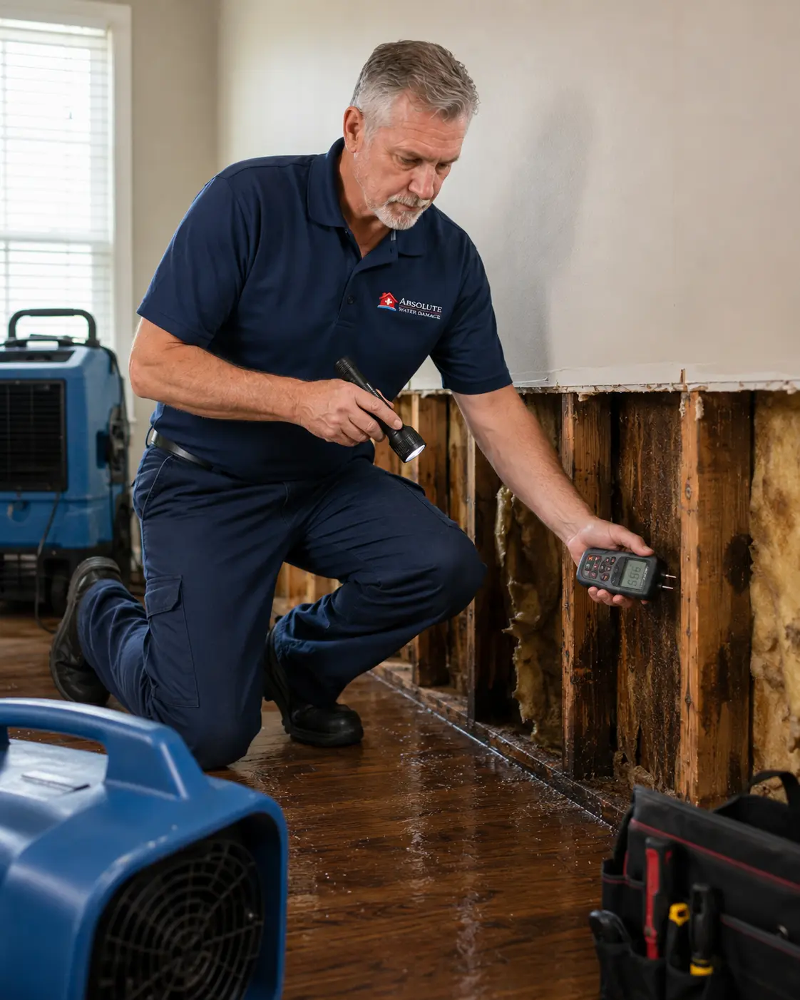Technician kneeling with a flashlight and moisture meter checking an open wall cavity