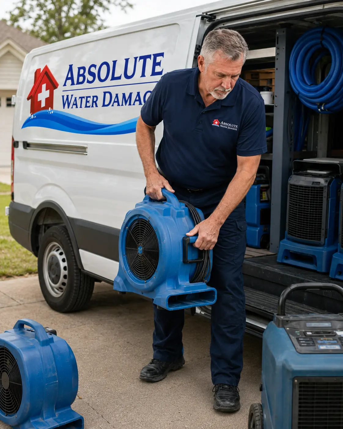 Ray unloading a commercial air mover from the Absolute Water Damage van