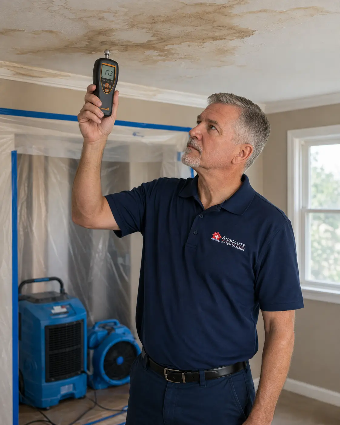 Moisture meter reading of 17.3 taken under a water stained ceiling