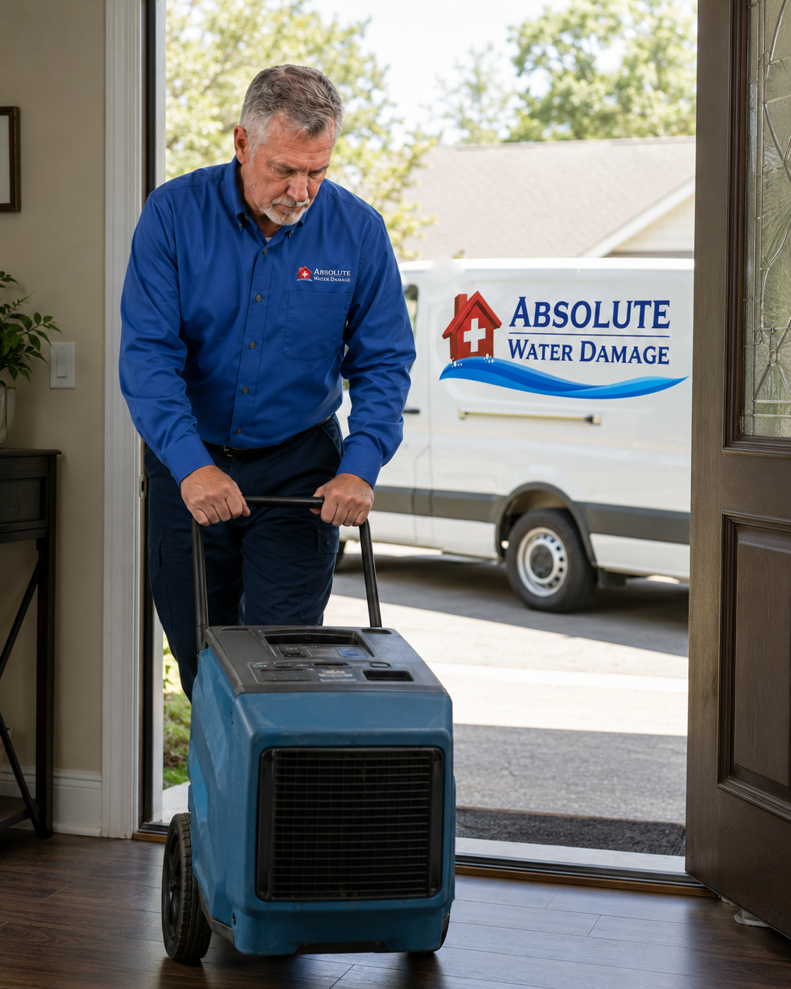 Technician pushing a commercial dehumidifier through a doorway with the branded van outside