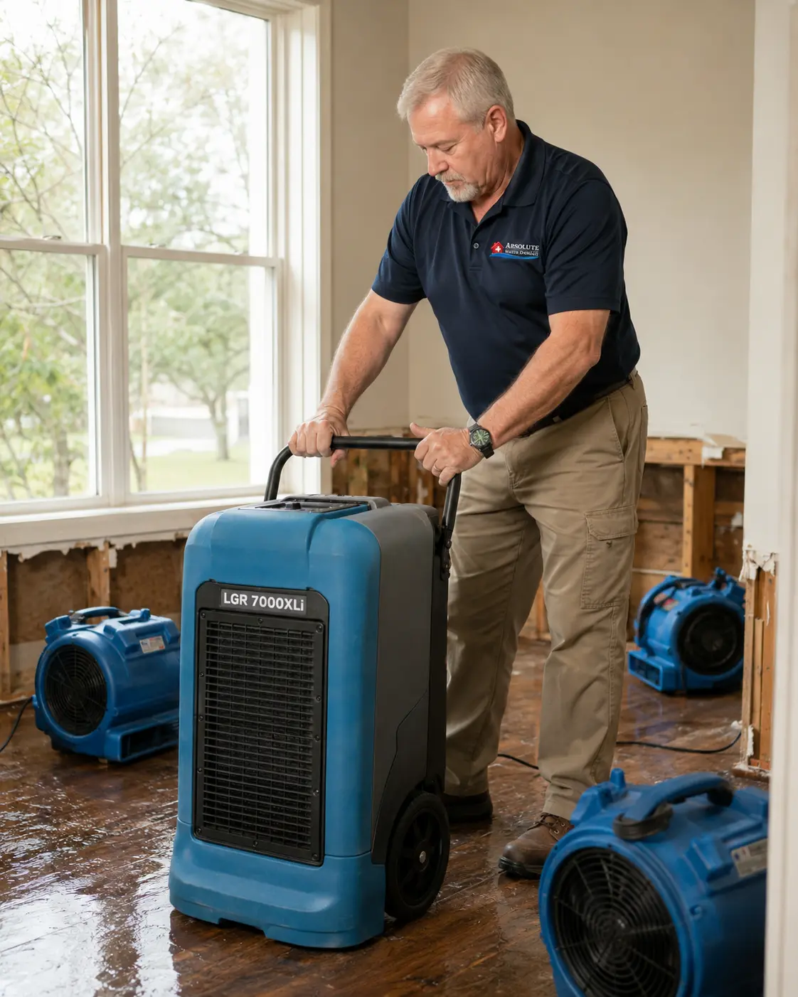 Ray positioning an LGR 7000XLi dehumidifier in a gutted room with wet hardwood