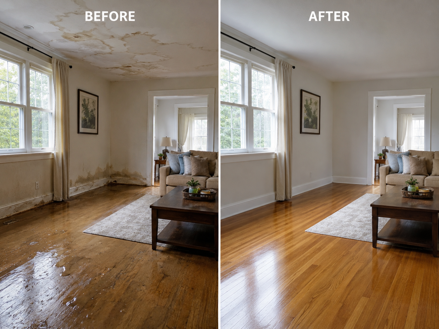 Before and after comparison of a water damaged living room restored by Absolute Water Damage