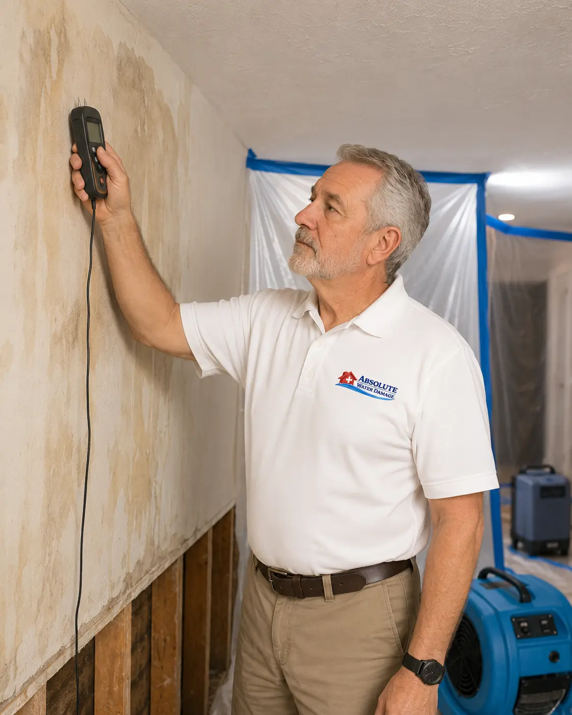 Technician taking a pin moisture reading on a stained wall next to drying equipment