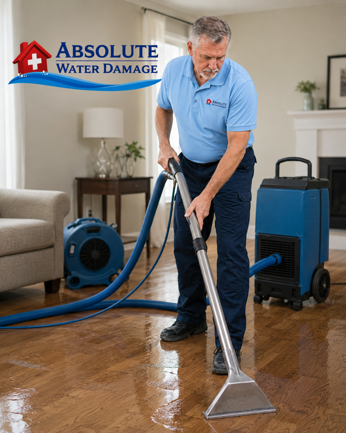 Technician extracting water from a wet hardwood floor with a commercial machine