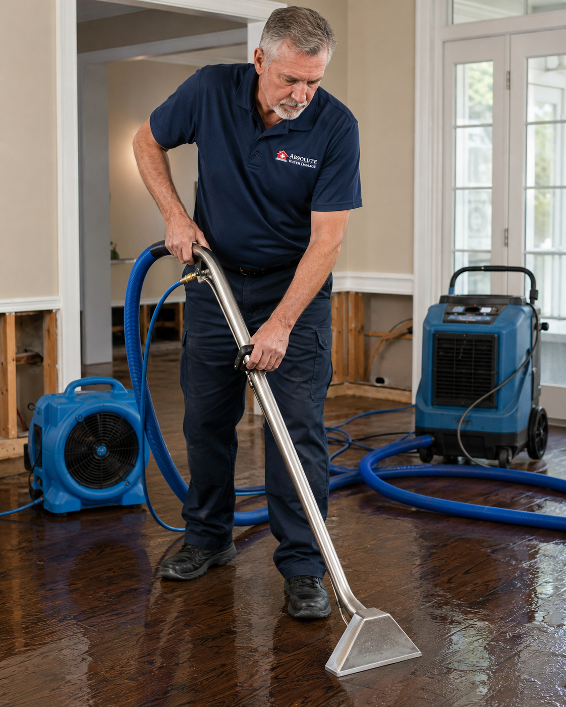 Ray, owner of Absolute Water Damage, extracting water from a hardwood floor