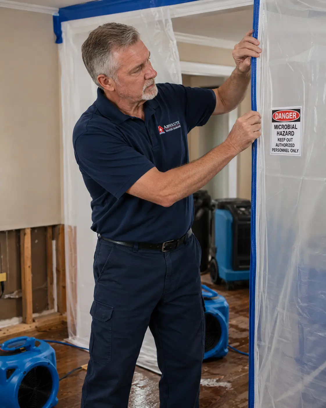 Technician sealing a containment barrier with a microbial hazard warning sign