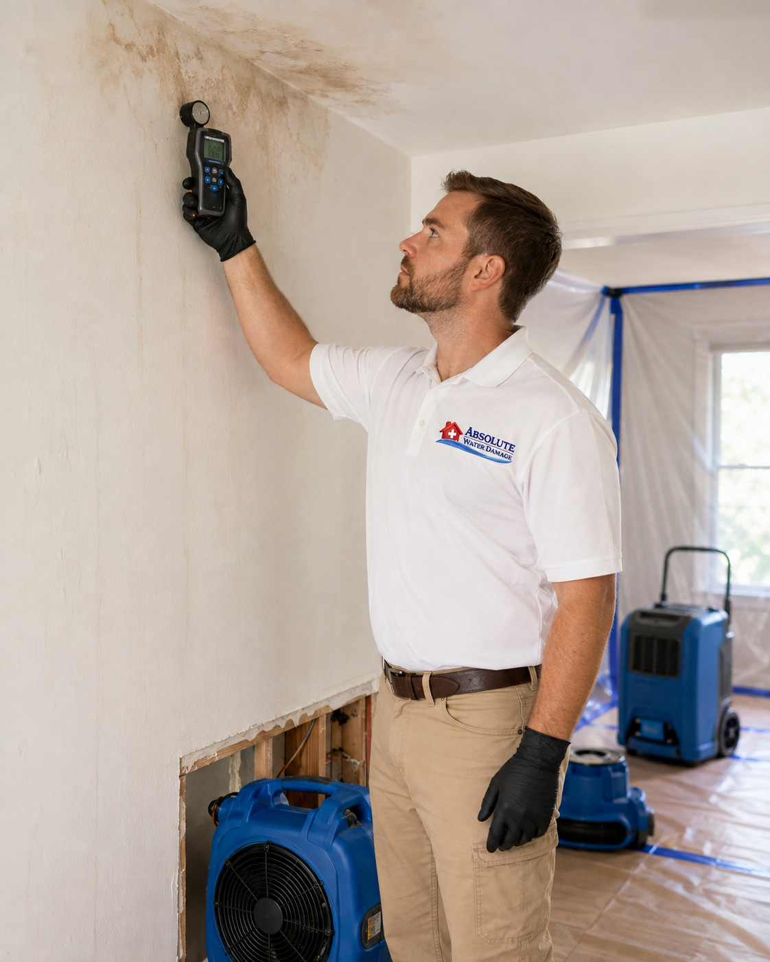 Technician taking moisture readings on a water damaged wall